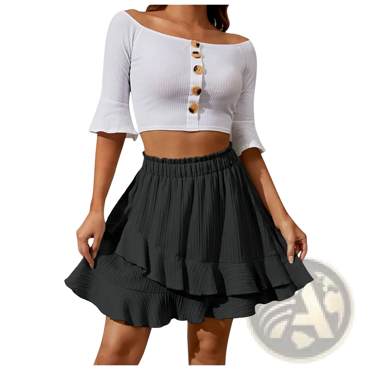 Black high waist ruffle mini skirt with pleated design and elastic waistband ideal for casual wear