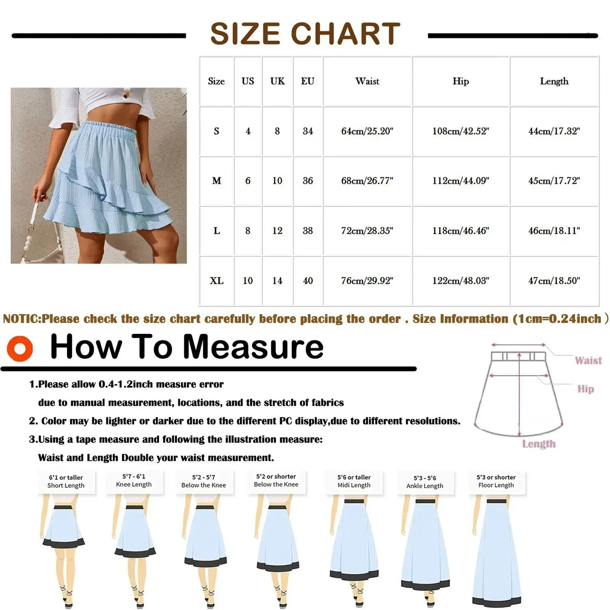 High waist ruffle mini skirt in light blue tiered fabric with black trim at the hem for a stylish look