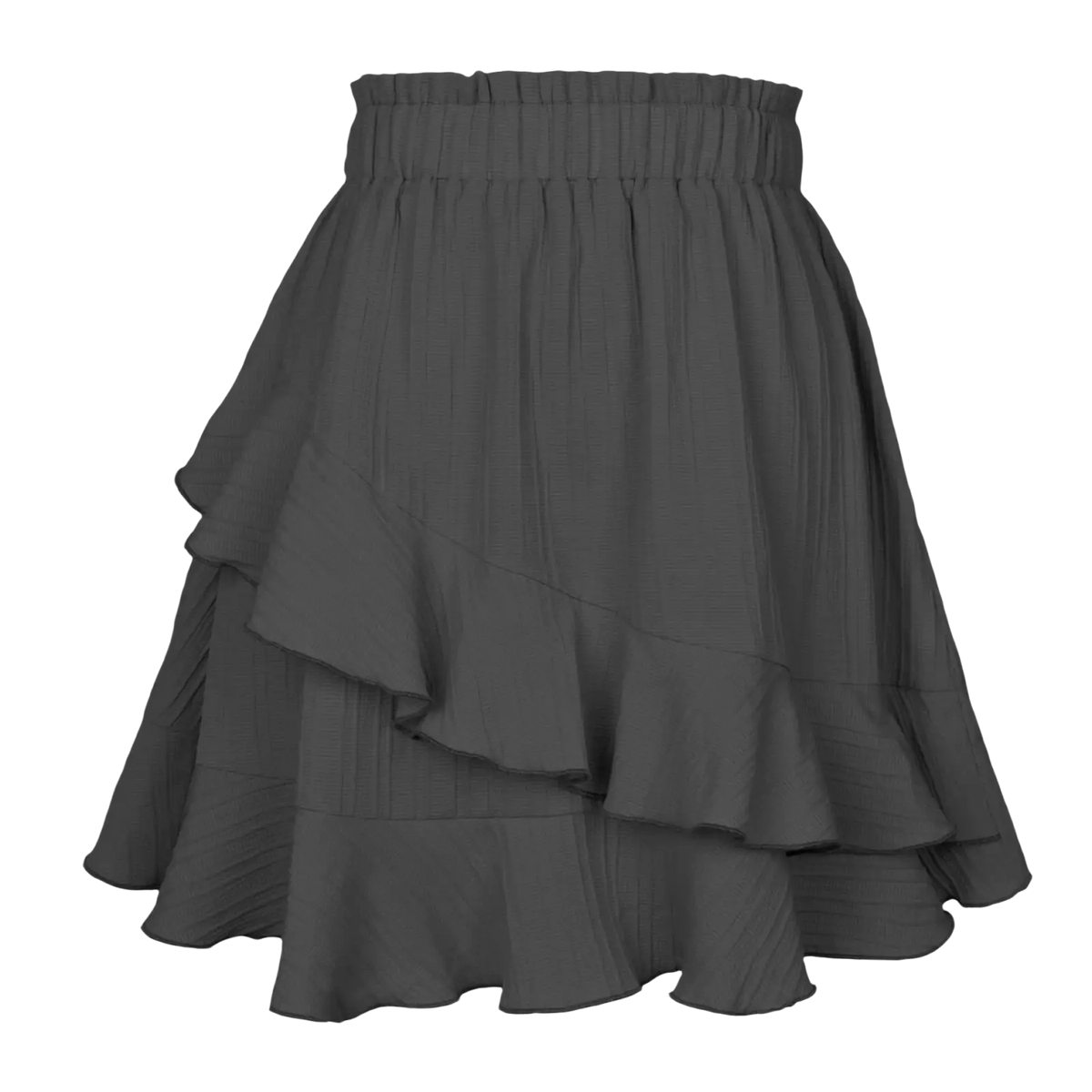 High waist dark gray tiered ruffle mini skirt with elastic waistband and a line silhouette in solid color