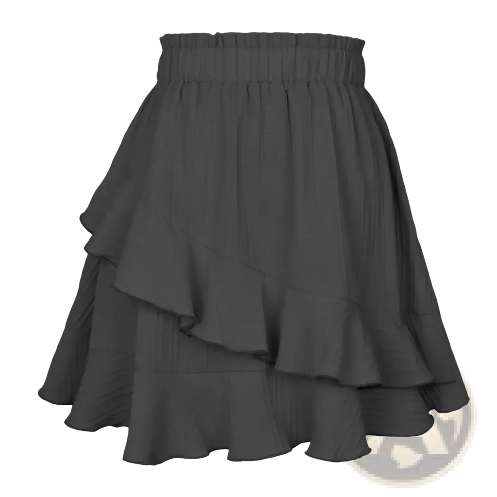 High waist ruffle mini skirt in dark gray with elastic waistband and flowing tiered ruffled layers for a line look