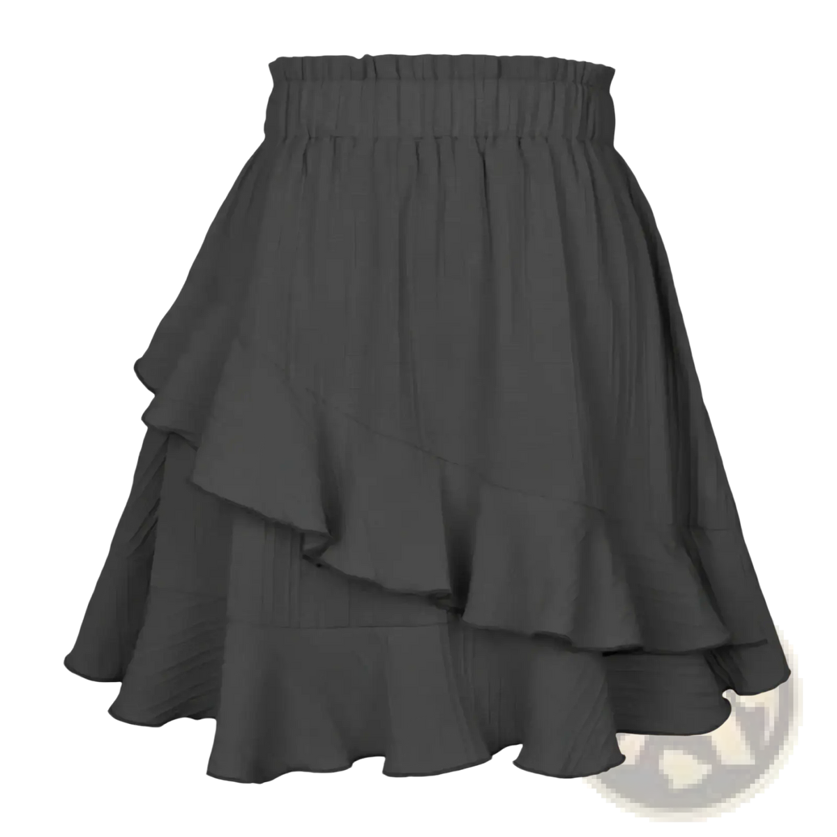 High waist ruffle mini skirt in dark gray with elastic waistband and flowing tiered ruffled layers for a line look