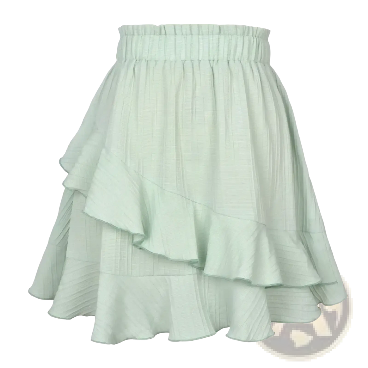 High waist ruffle mint green mini skirt with tiered lightweight fabric and gathered waistband in a line style