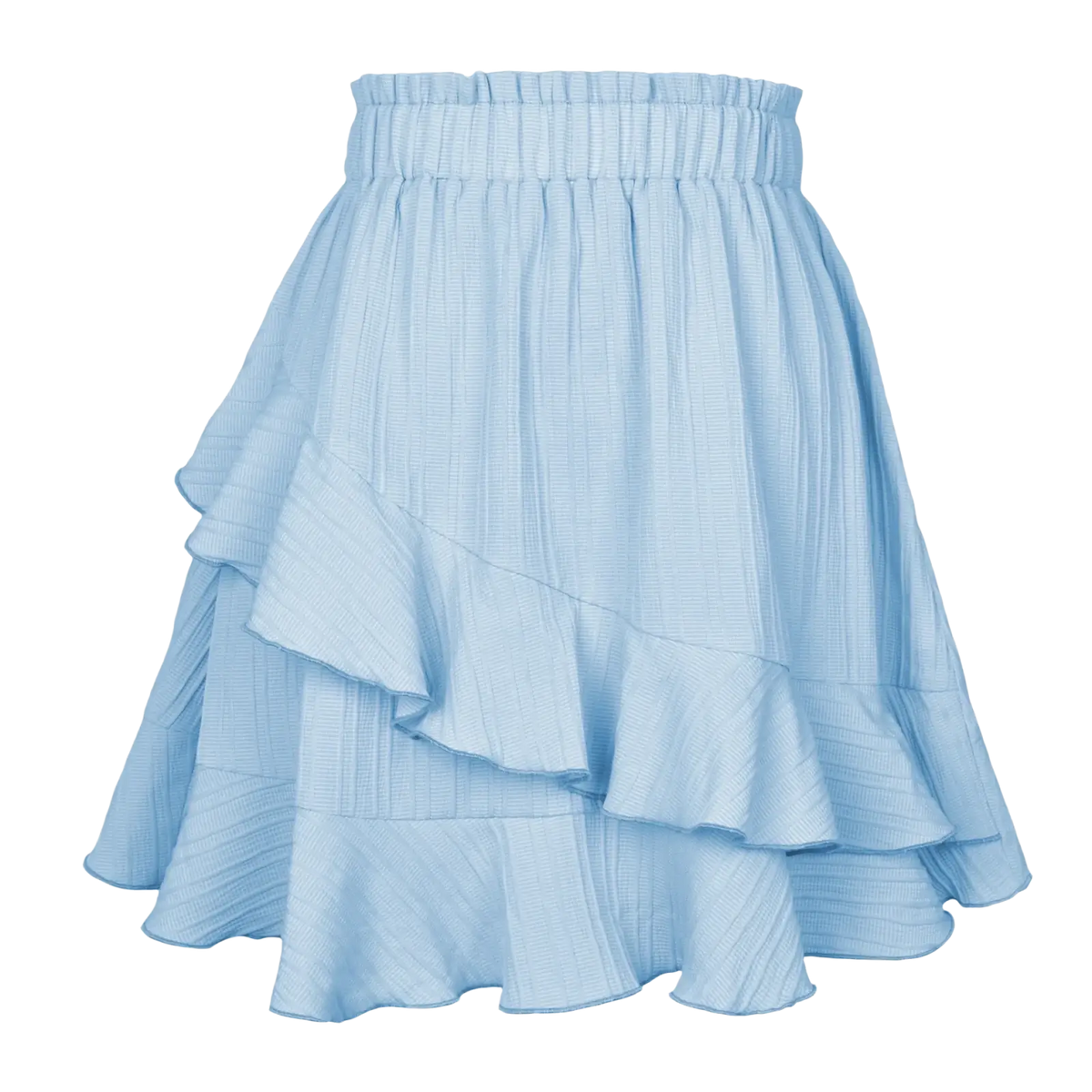 A light blue high waist ruffle mini skirt made of textured fabric with an elastic waistband