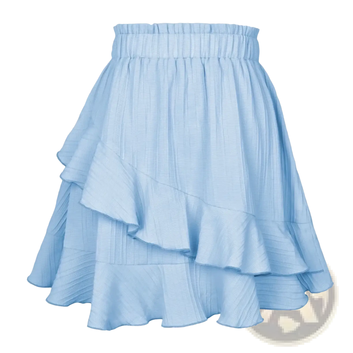 A light blue high waist ruffle mini skirt with tiered layers and gathered elastic waistband in solid a line design