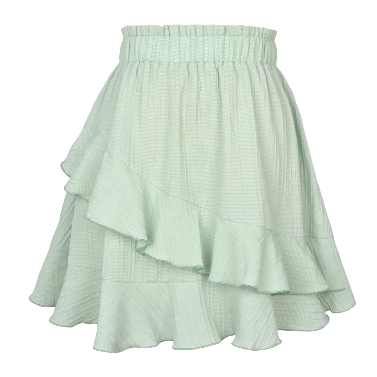 A light mint green high waist ruffle mini skirt with tiered design ribbed texture and elastic waistband