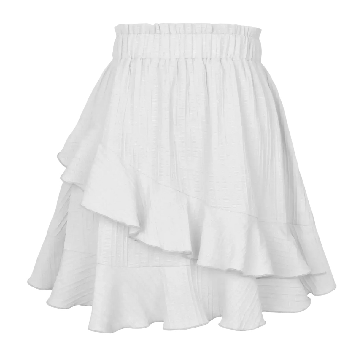 White high waist ruffle mini skirt with a gathered waistband and flowing tiered layers in solid color a line design