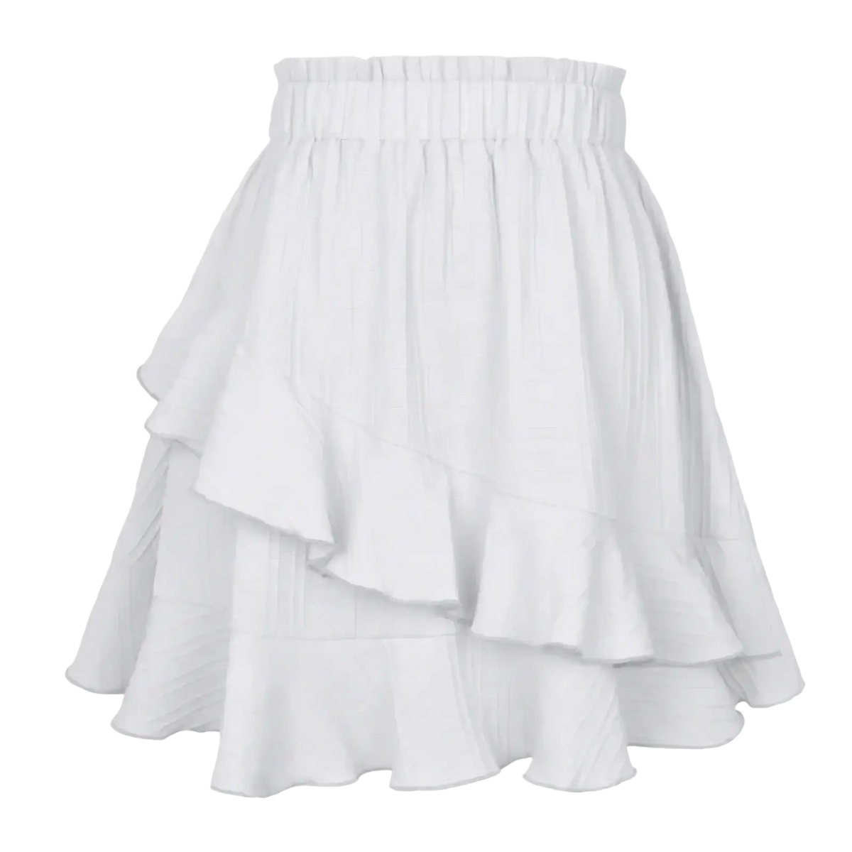 White high waist ruffle mini skirt with gathered waistband and flowing layered ruffles in a line silhouette