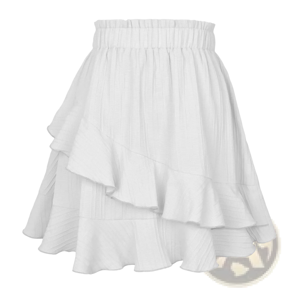 White high waist ruffle mini skirt with a gathered waistband and flowing tiered layers in solid color a line design