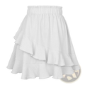 White high waist ruffle mini skirt with a gathered waistband and flowing tiered layers in solid color a line design
