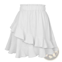 White high waist ruffle mini skirt with a gathered waistband and flowing tiered layers in solid color a line design