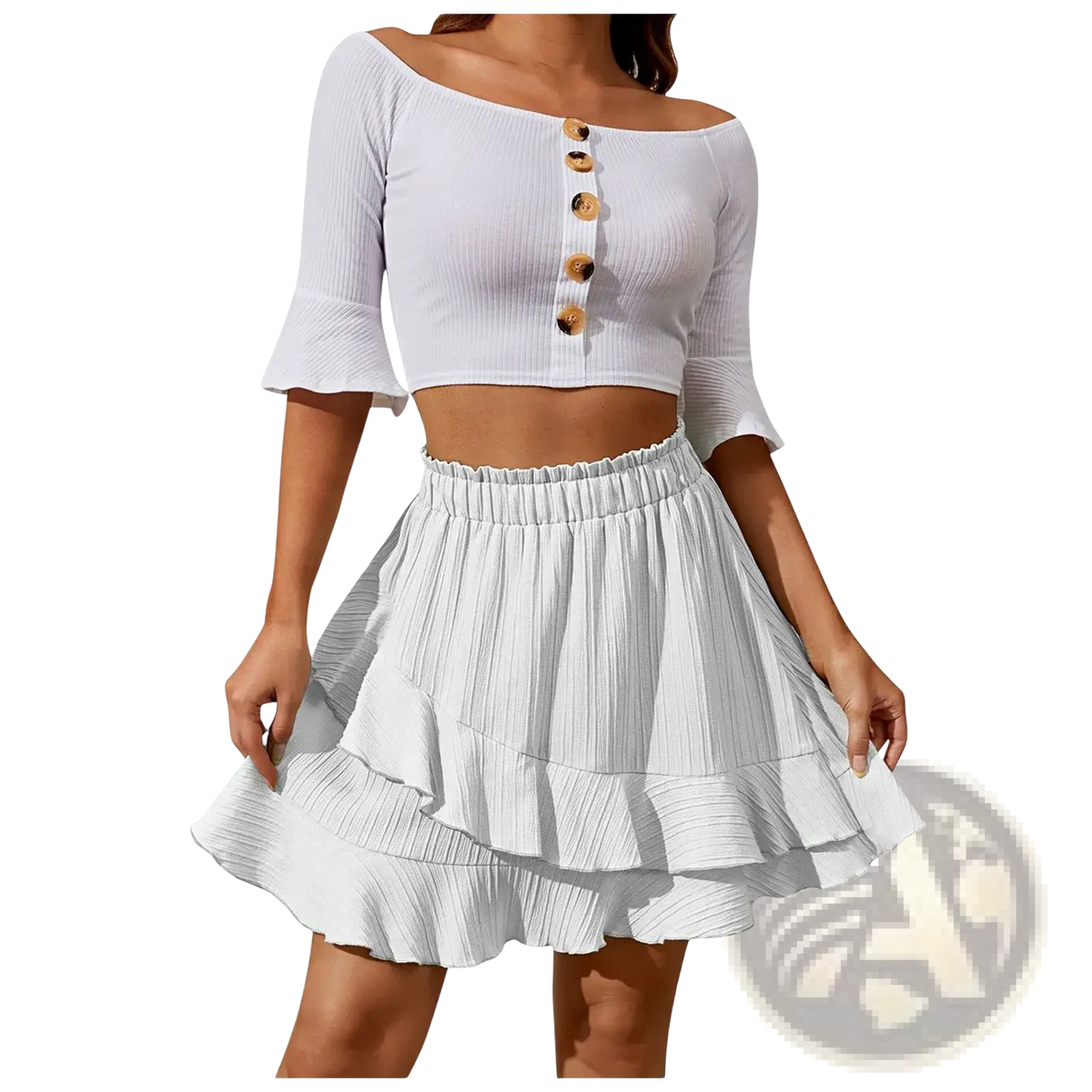 White ribbed off the shoulder crop top with wooden buttons and three quarter sleeves paired with high waist ruffle mini skirt