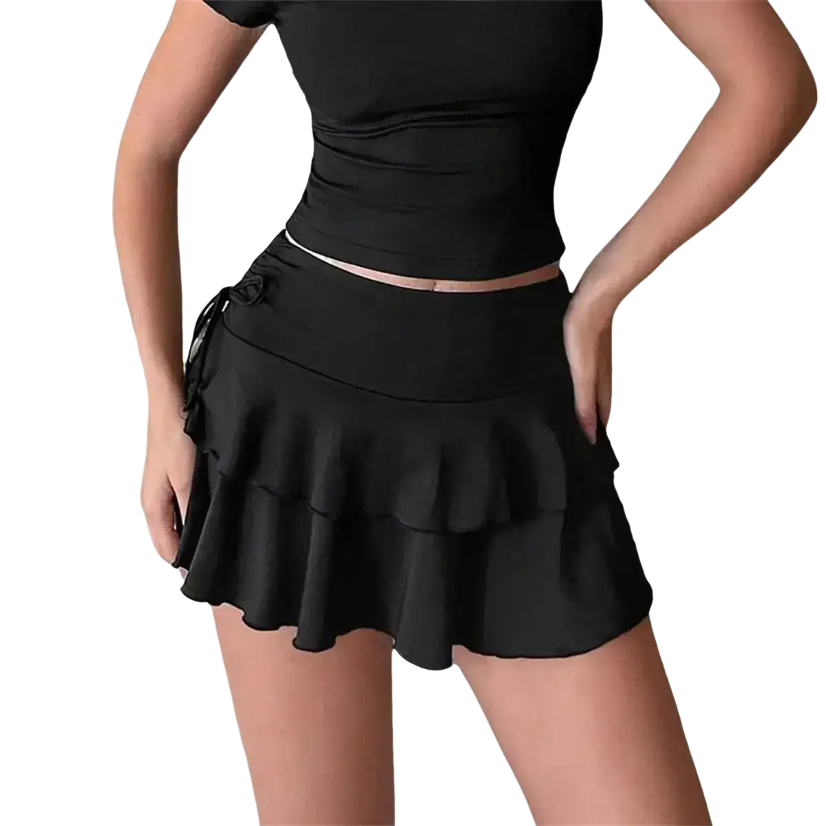 Black high waist ruffle swim skirt with side tie detail featuring a waist ruffle design for stylish beachwear