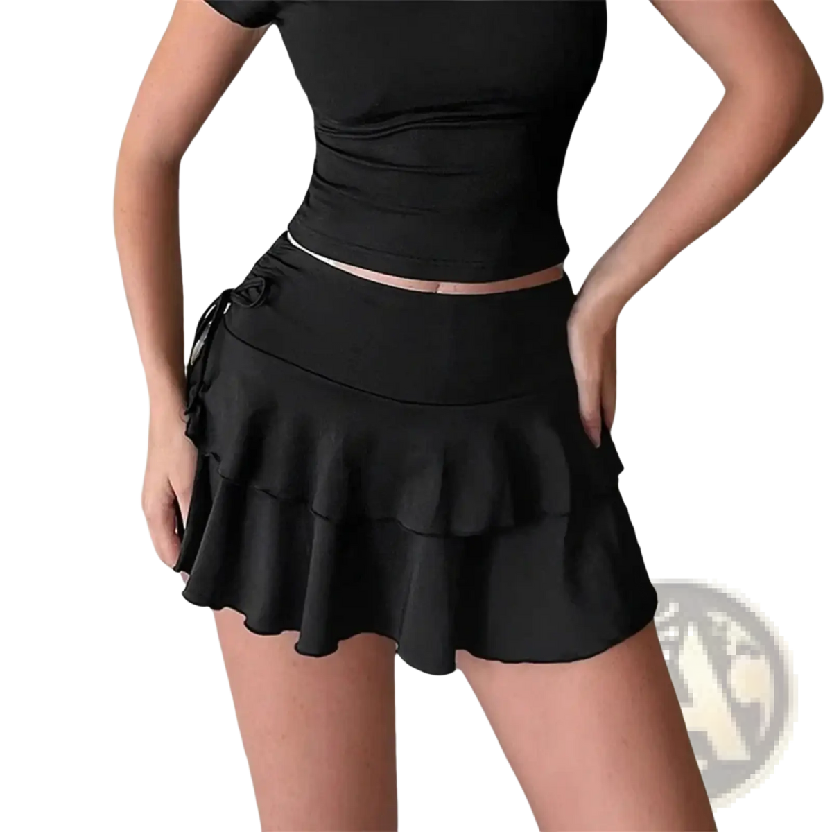 Black high waist ruffle tennis skirt with side tie detail and layered fabric for sporty elegance