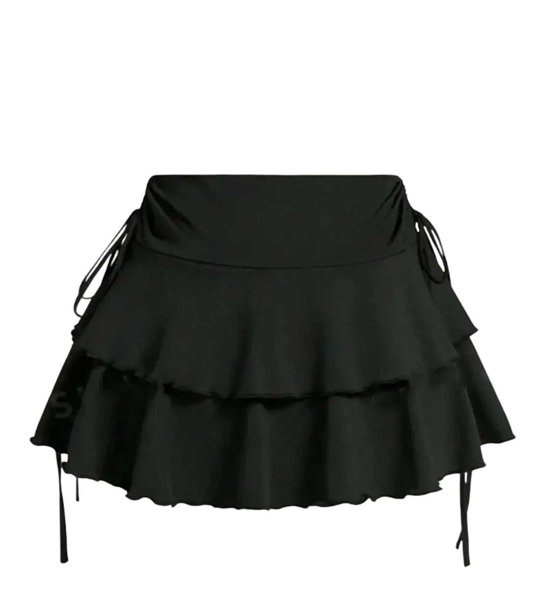 Black high waist ruffle skirt with tiered layers, side ties, and a fitted waistband for elegant wear