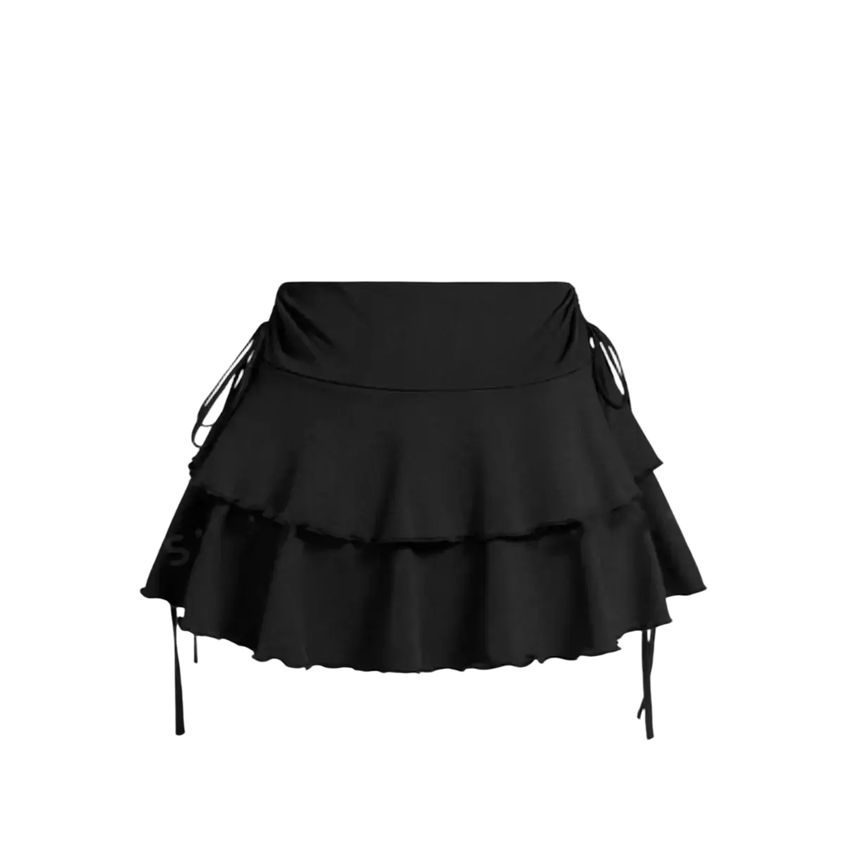 High waist black tiered ruffle skirt with side ties made from lightweight fabric for elegant casual wear