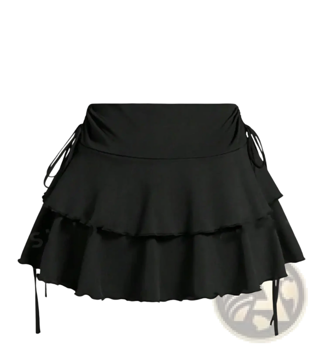 Black high waist tiered ruffle skirt with side ties made from lightweight fabric for elegant casual wear