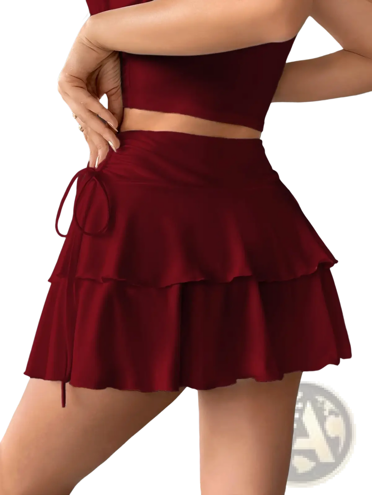 A deep red high waist ruffle skirt with tiered layers and a matching drawstring waistband for elegant wear