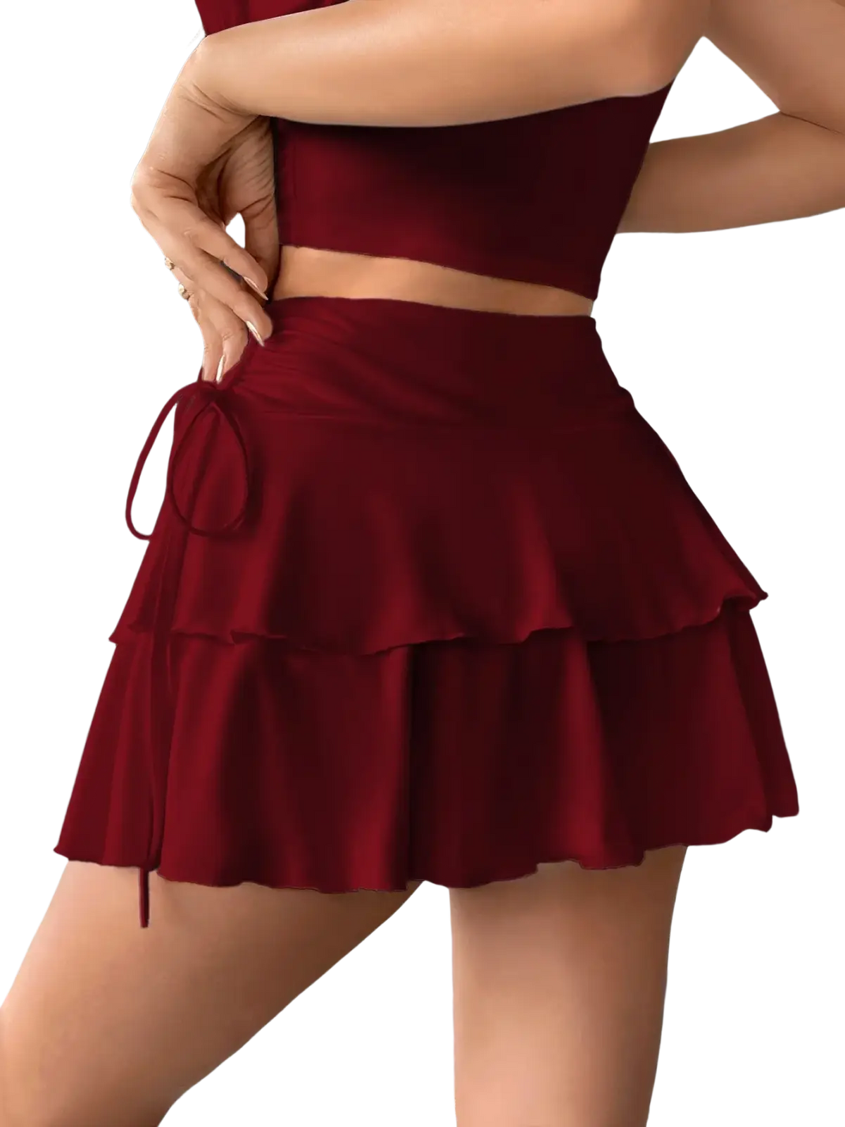 A deep red high waist ruffle skirt with tiered layers and a matching drawstring waistband for elegant wear