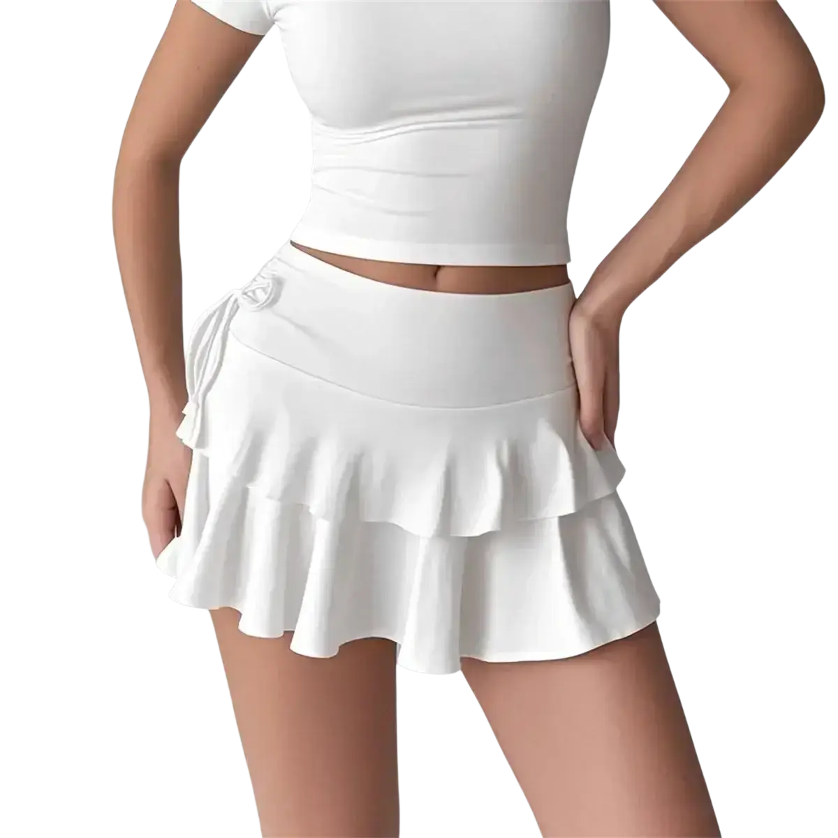 White athletic high waist ruffle skirt with layered ruffles and side tie detail for active wear