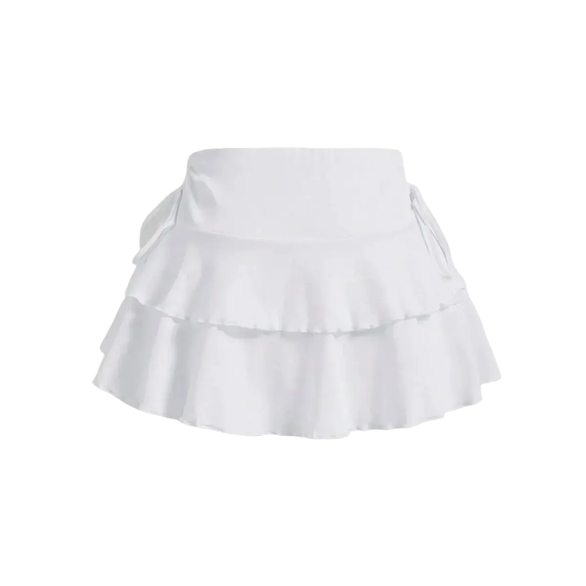 White high waist tennis skirt with tiered ruffled layers and side ties designed for athletic wear