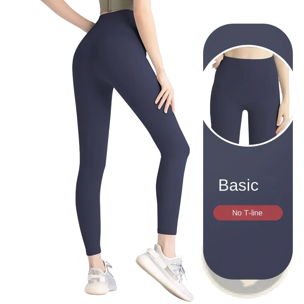 High waist seamless booty lifting yoga leggings in fragrant whale blue with no-t-line basic design shown from the back side