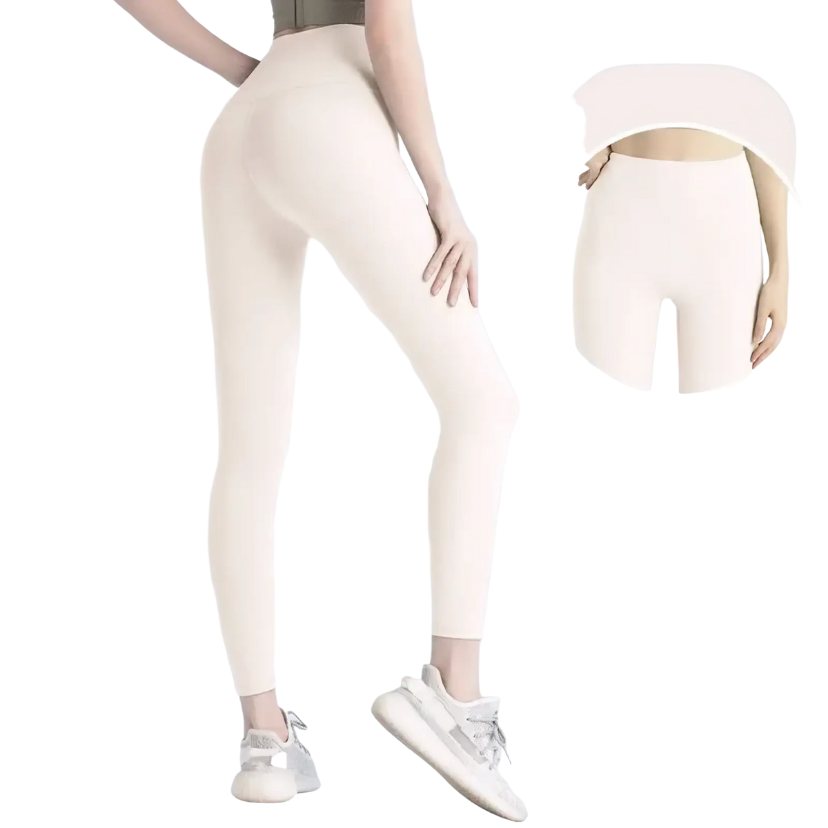 Ivory white high waist seamless booty lifting yoga leggings with basic style and no t line design shown from the back