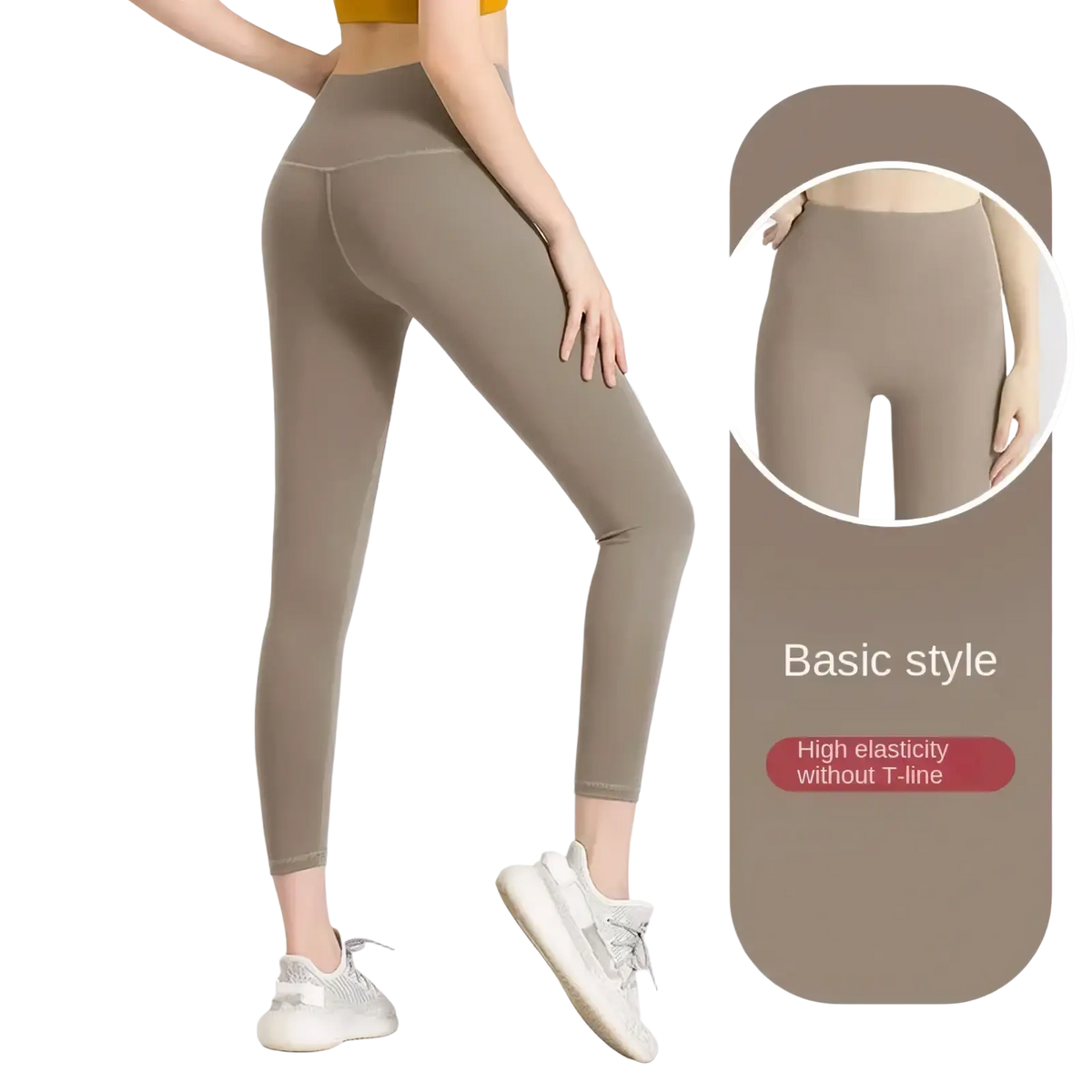Khaki high waist seamless booty lifting yoga leggings made of high elasticity fabric with no t-line shown from back side