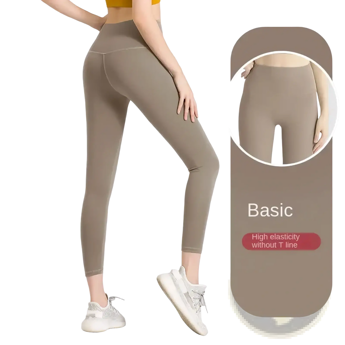Khaki high waist seamless booty lifting yoga leggings shown from the back with no t-line design