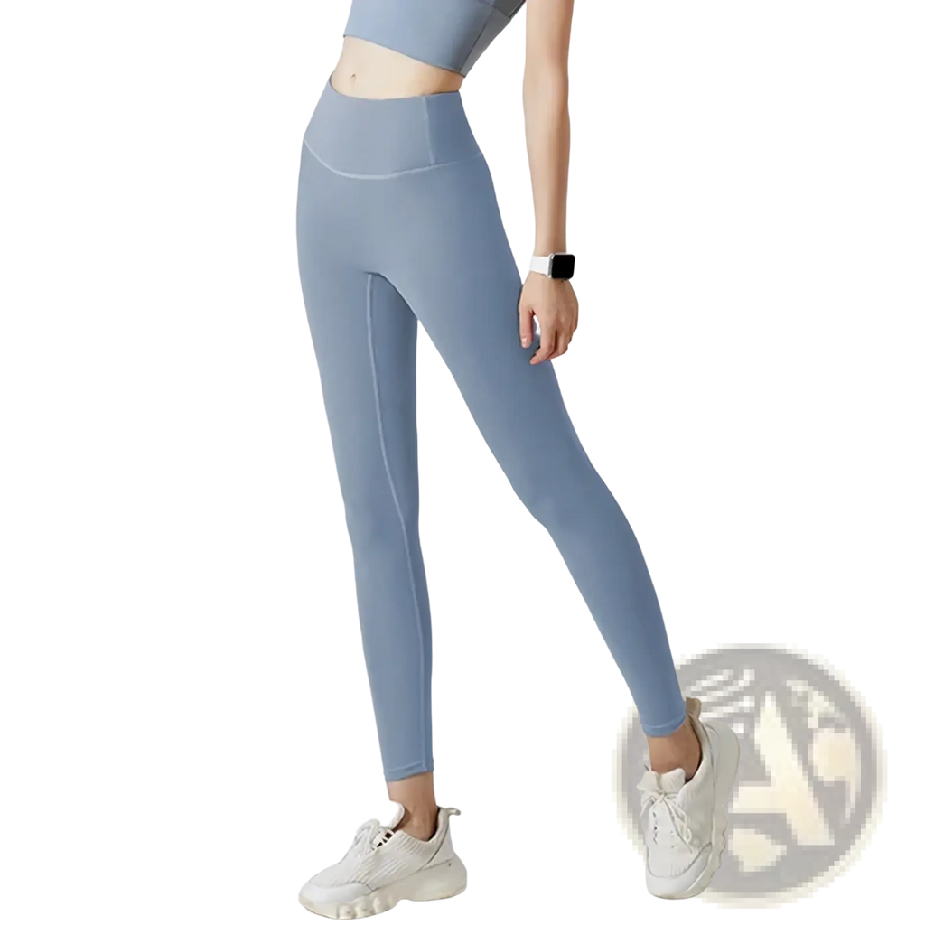 Light blue high waist seamless booty lifting yoga leggings made of smooth stretchy fabric shown from the back