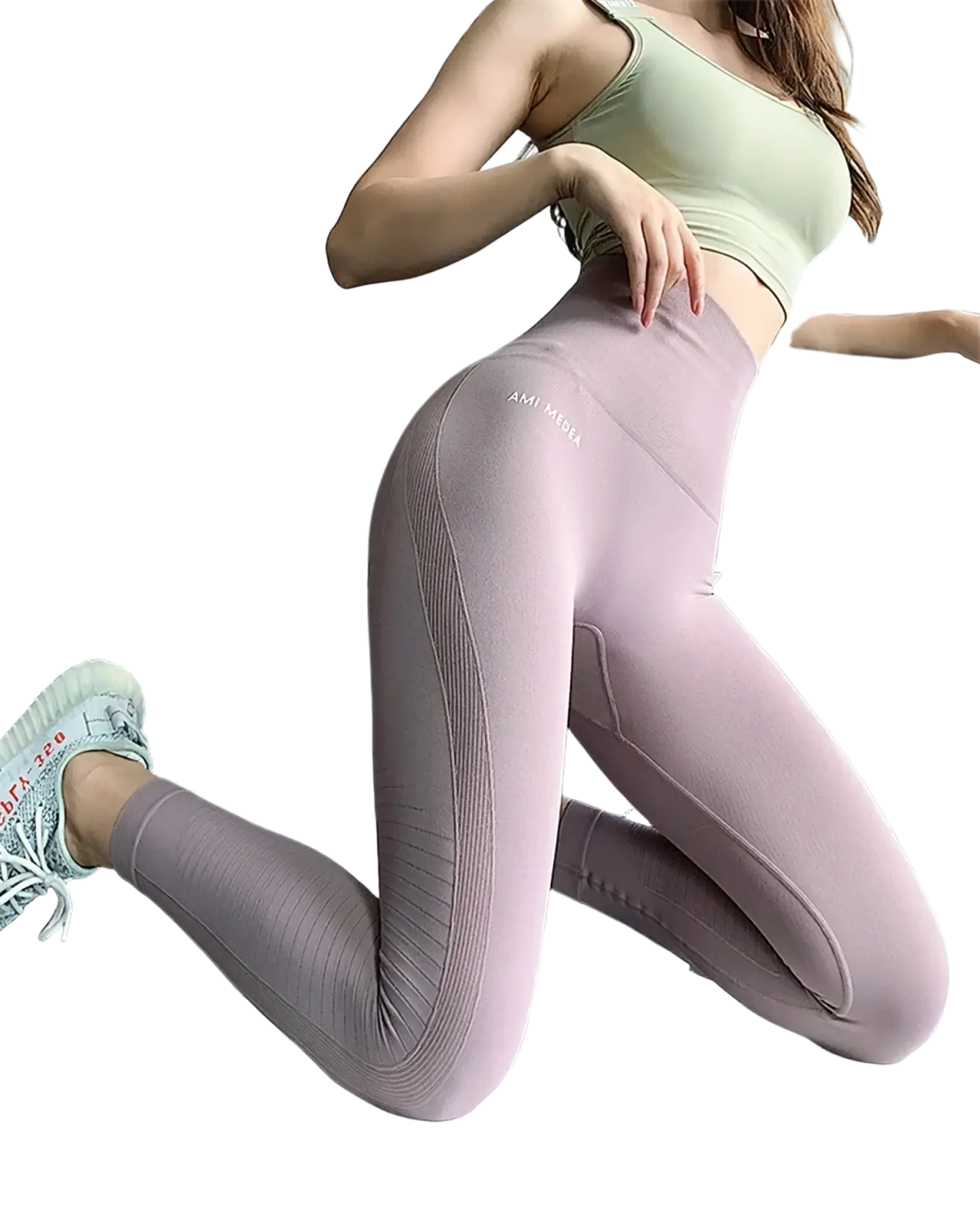 Pink high waist seamless gym leggings for women with ribbed side panels and a sleek, form fitting design