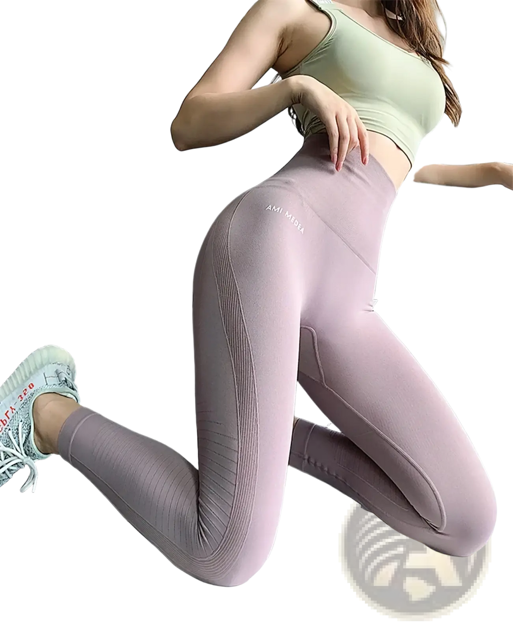 Pink high waist seamless gym leggings for women with ribbed side panels and a sleek, form fitting design