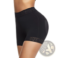 Black high waist shapewear shorts with lace trim at waistband and leg openings shown from the back side
