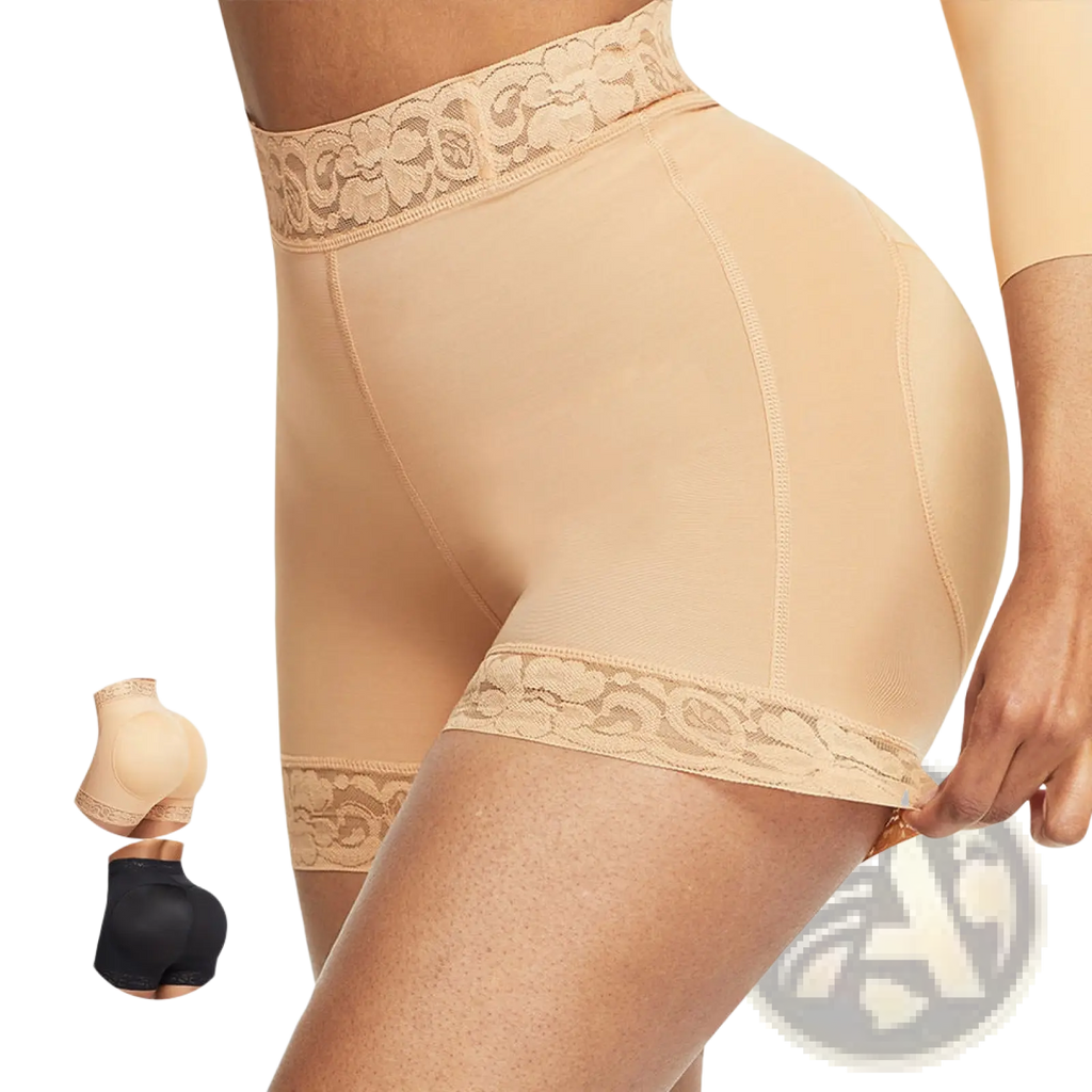 High waist shapewear shorts beige lace trimmed with smooth form fitting fabric for butt enhancement