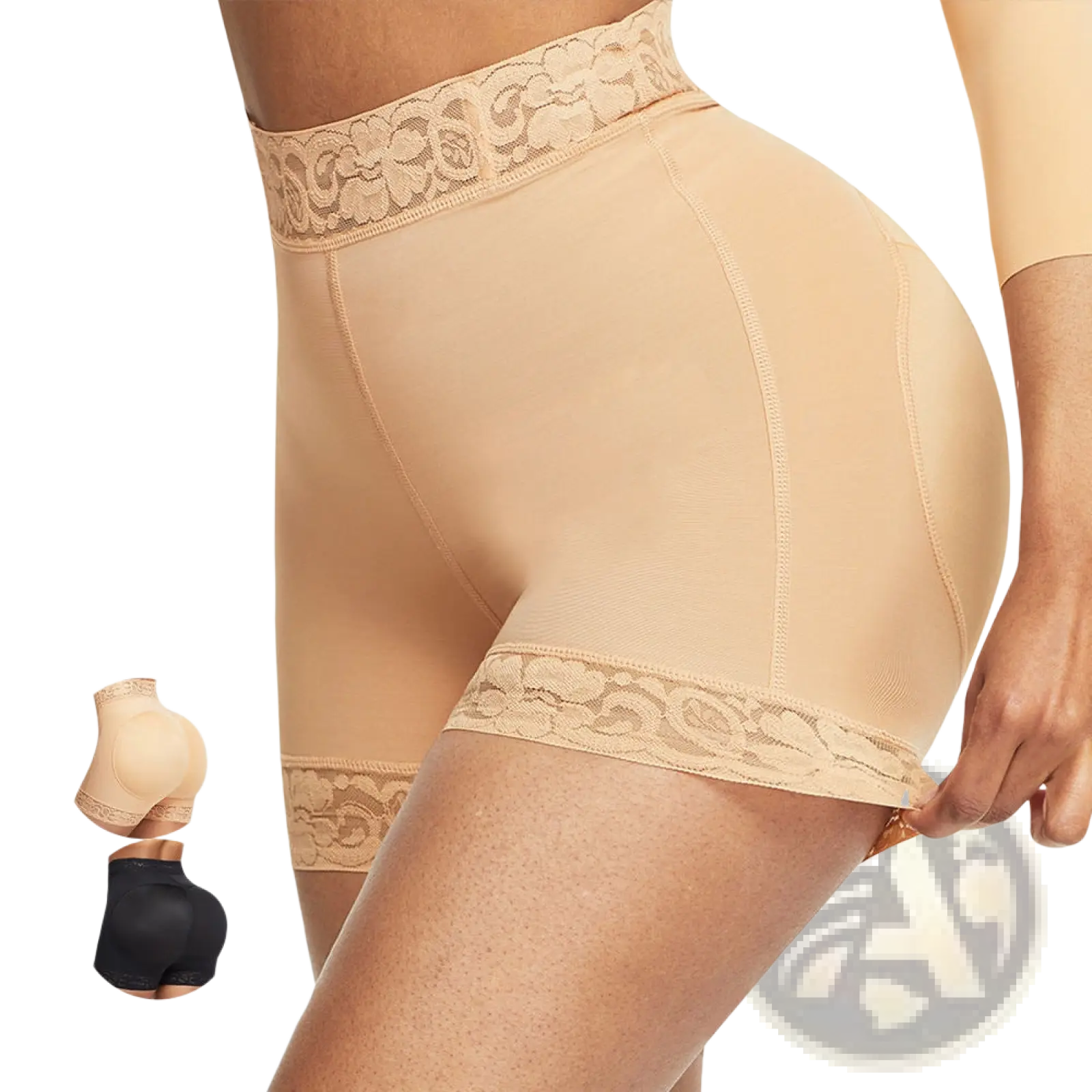 High waist shapewear shorts beige lace trimmed with smooth form fitting fabric for butt enhancement