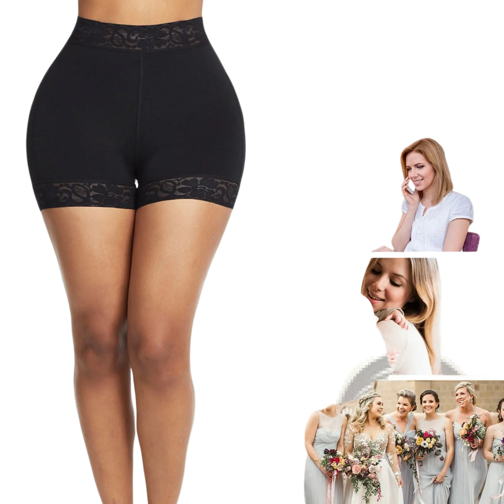 Black high waist shapewear shorts with lace trim designed as a butt enhancer shown from the back side