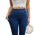 High waist slim denim leggings in blue denim with elastic waistband and front pockets for a comfortable fit