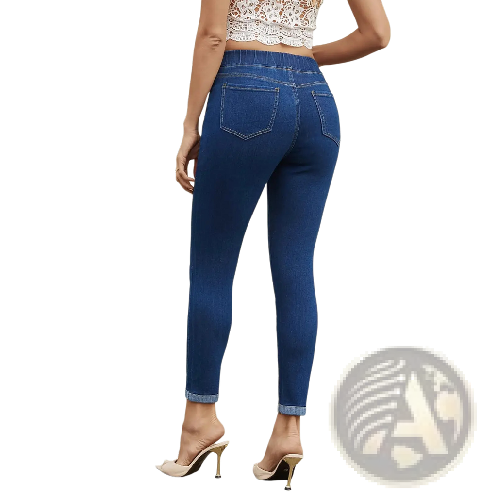 Blue denim high waist slim leggings with elastic band and rolled cuffs for a comfortable stylish fit