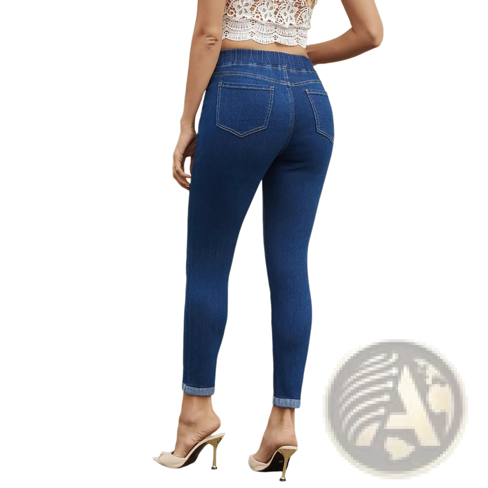 Blue denim high waist slim leggings with elastic band and rolled cuffs for a comfortable stylish fit