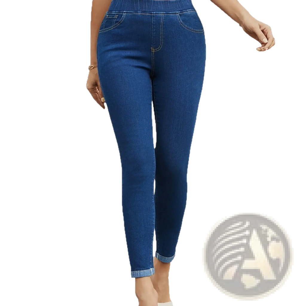 Dark blue high waist slim denim leggings with elastic waistband and rolled cuffs in front view