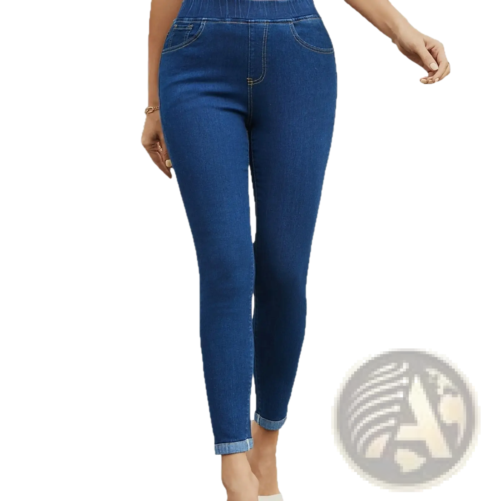 Dark blue high waist slim denim leggings with elastic waistband and rolled cuffs in front view