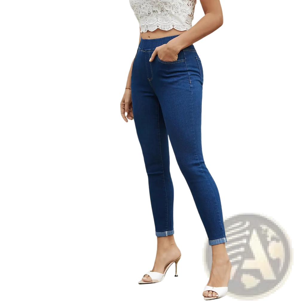 High waist slim denim leggings in blue denim with a slim fit and rolled cuffs for a stylish look