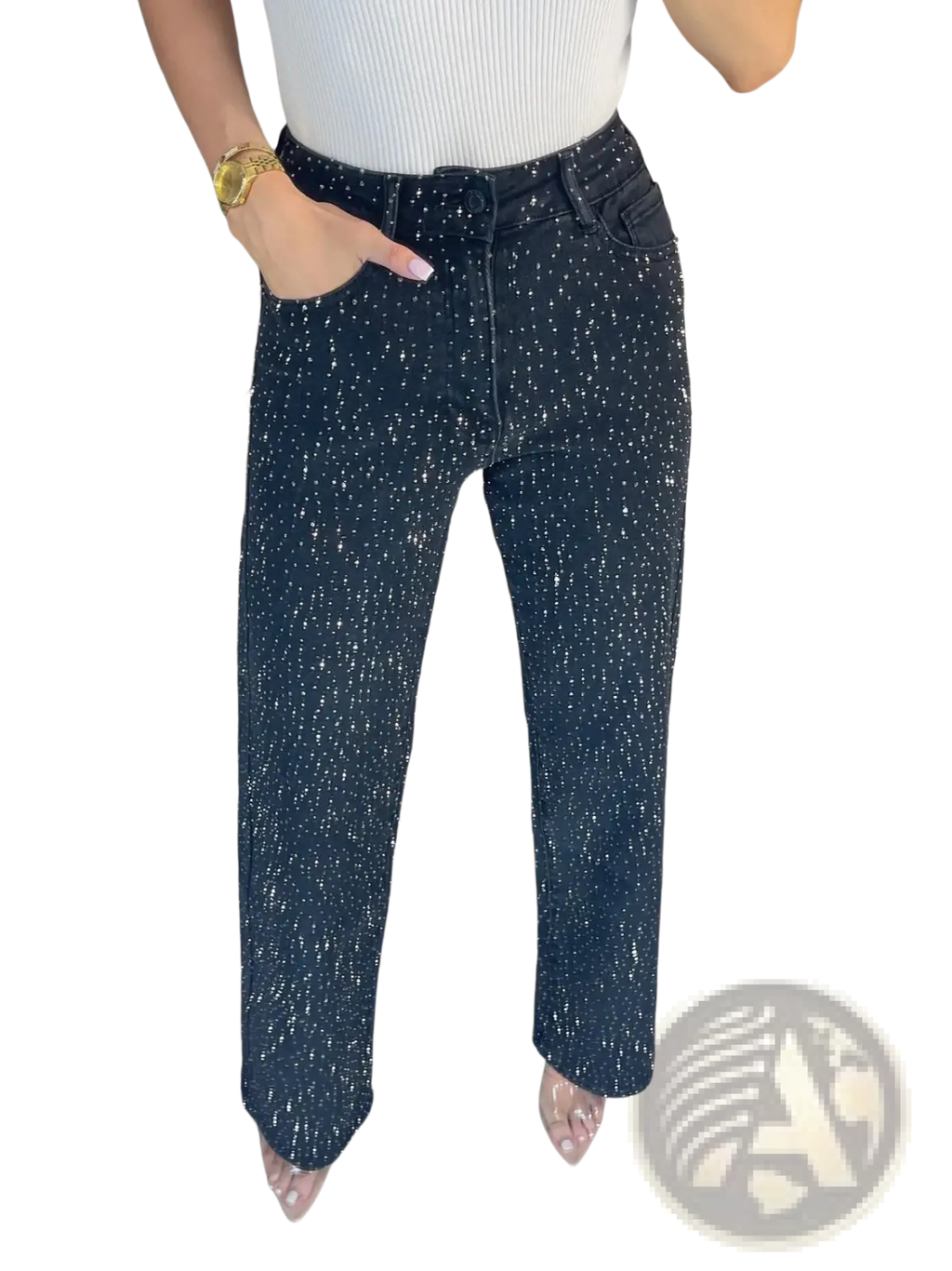 Dark blue high waist denim jeans with a sparkling star print pattern on durable denim fabric