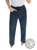 Dark blue high waist denim jeans with a sparkling star print pattern on durable denim fabric