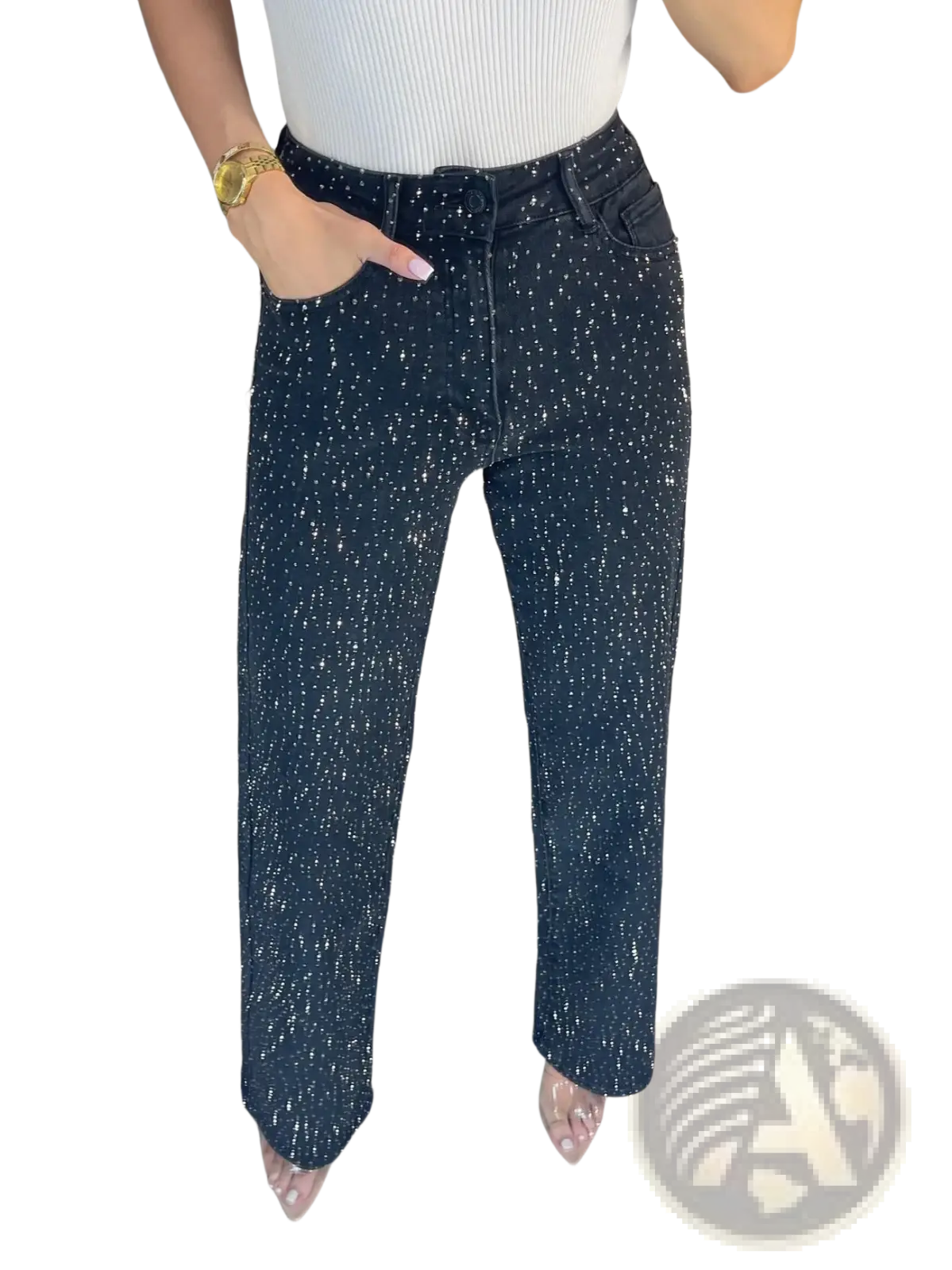 Dark blue high waist denim jeans with a sparkling star print pattern on durable denim fabric