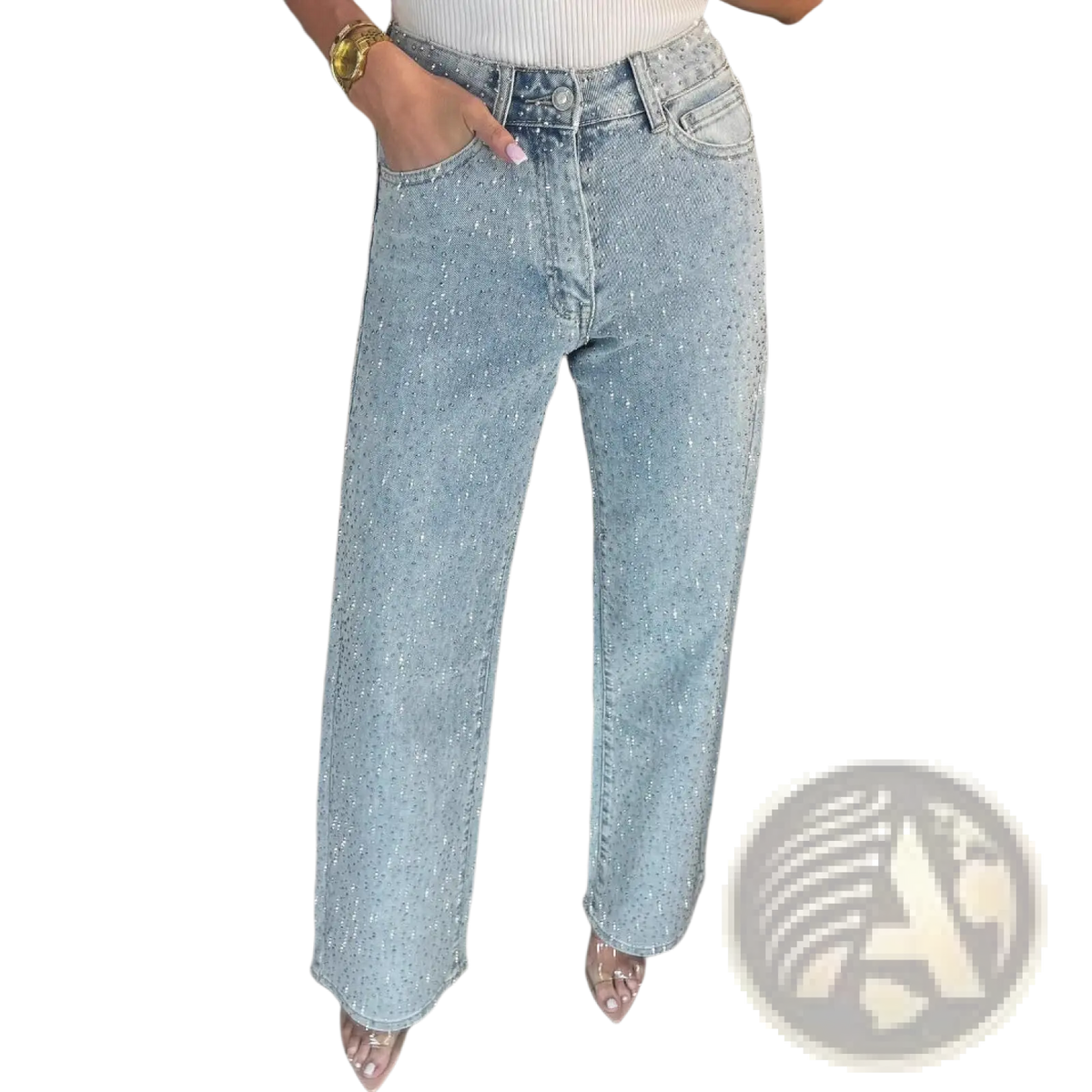 Light-wash high waist star print denim jeans with subtle glittery texture and wide-leg cut