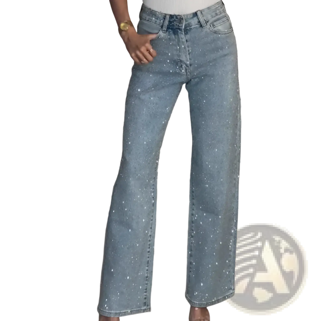Light blue high waist denim jeans with sparkling silver sequins featuring a star print design