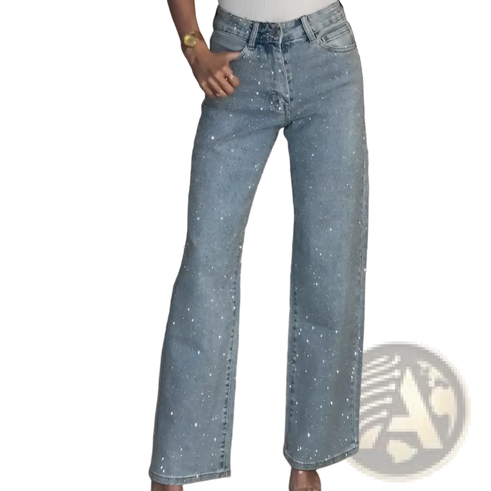 Light blue high waist denim jeans with sparkling silver sequins featuring a star print design