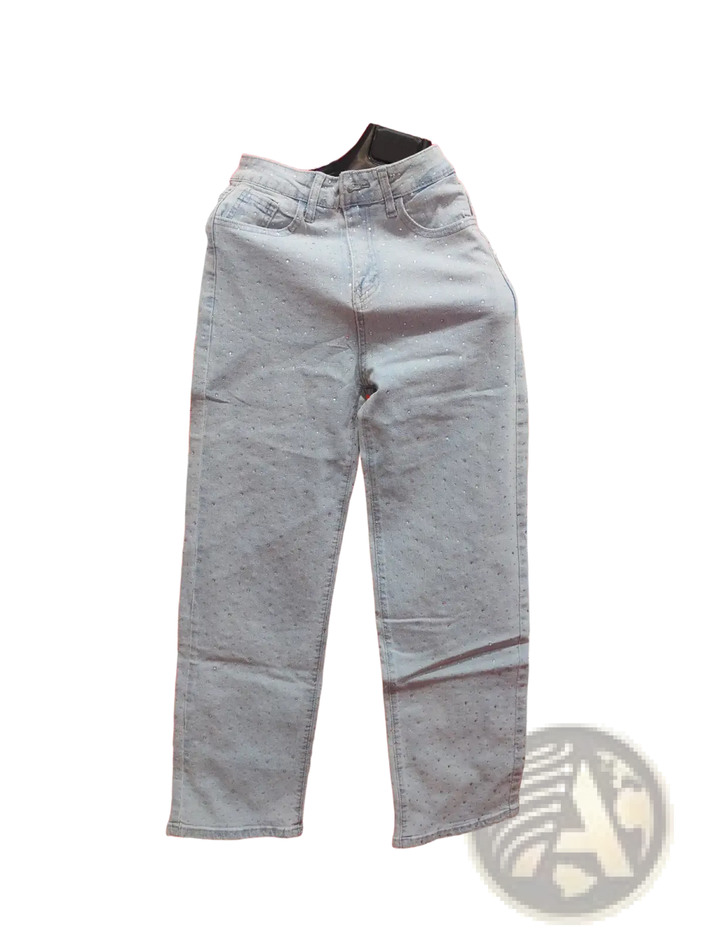 Light blue high waist denim jeans with a subtle star print dotted pattern in soft denim fabric
