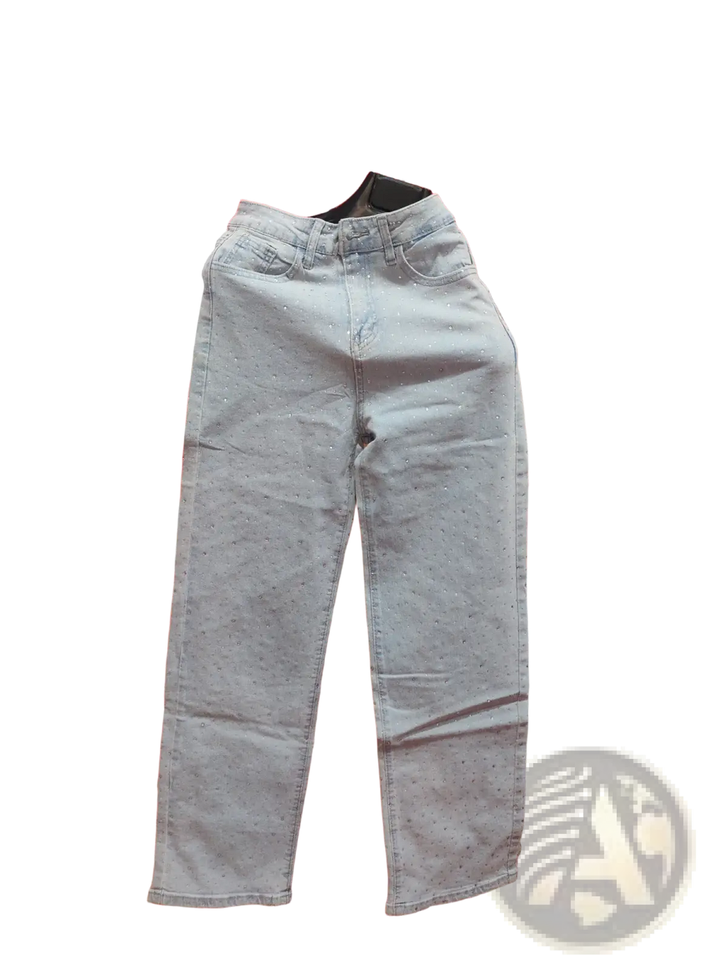 High waist star print light blue denim jeans with subtle metallic dot pattern on premium cotton fabric