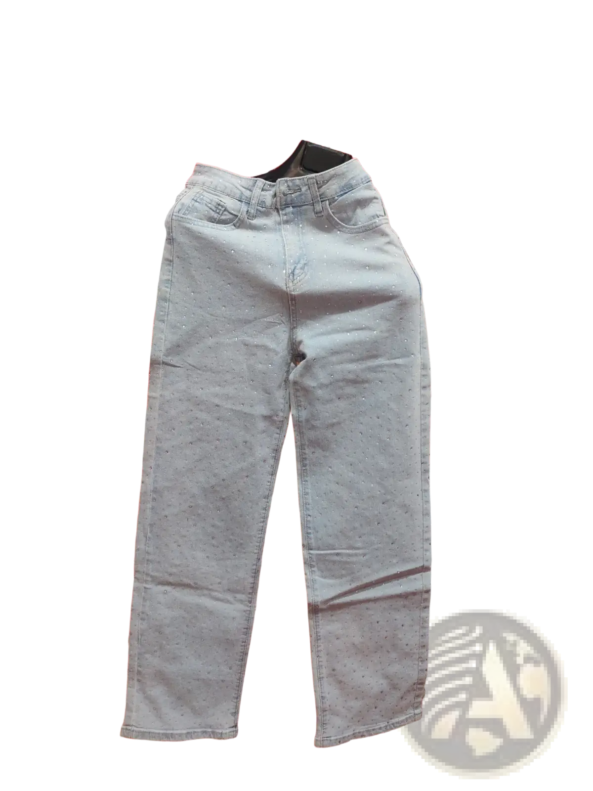 High waist star print light blue denim jeans with subtle metallic dot pattern on premium cotton fabric